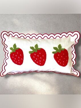 12x20 Embroidered Summer Strawberries Scalloped Velvet Throw Pillow Cover NWT